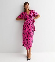 New Look Pink Leopard Print Satin Midi Wrap Dress